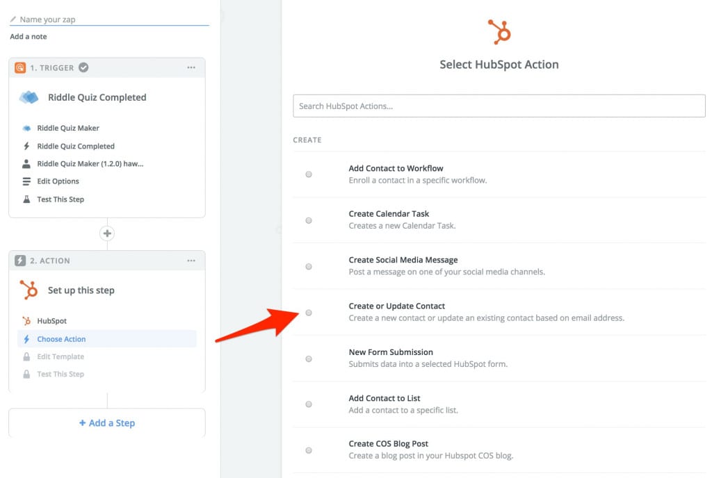 create contact hubspot quiz lead generation