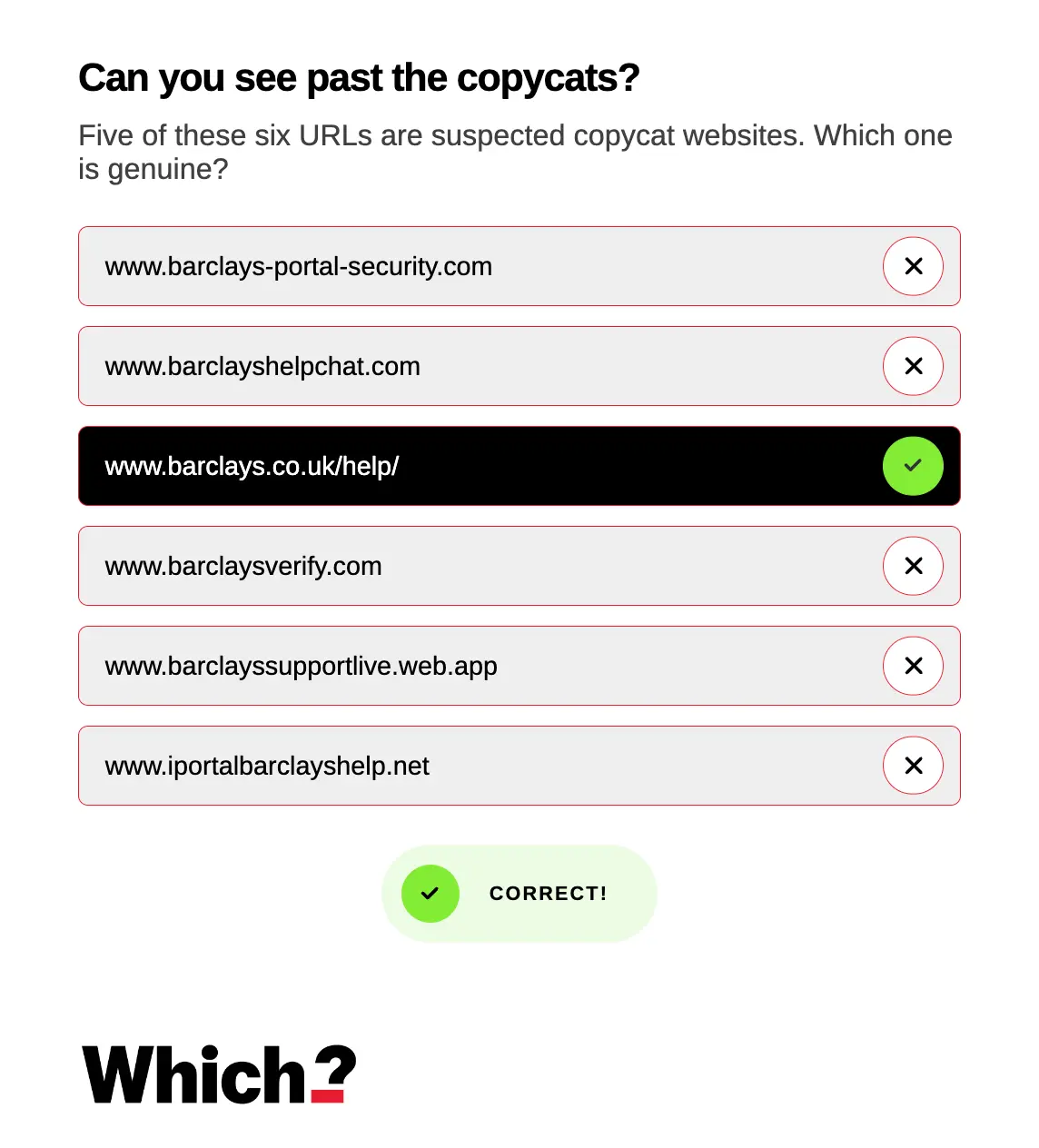 Can you spot the scam quiz on Which? website